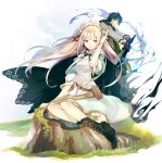 1girl belt black_hair blonde_hair blue_eyes boots cape character_request devil_buster dress gin_(oyoyo) hairband long_hair rock seiza short_hair sitting smile sword weapon 