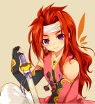  coat gloves headband long_hair male purple_eyes red_hair redhead scabbard sepia_background sheath shougo_kota sitting smile solo tales_of_(series) tales_of_symphonia violet_eyes zelos_wilder 