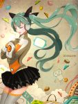  closed_eyes green_hair hands_on_own_chest hatsune_miku headphones highres hirostuart long_hair odds_&amp;_ends_(vocaloid) project_diva_f skirt solo thigh-highs thighhighs twintails very_long_hair vocaloid 