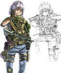 alternate_costume blue_eyes braid contemporary cross gloves gun headset holster izayoi_sakuya jeans jewelry knee_pads lleu load_bearing_vest maid_headdress necklace operator pistol pouches rifle short_hair silver_hair sketch solo thigh_strap touhou twin_braids weapon 