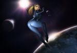  1girl ass blonde_hair blue_eyes bodysuit breasts earth full_moon highres large_breasts long_hair metroid moon nintendo open_mouth planet ponytail saejin_oh samus_aran signed skin_tight solo space stars sun zero_suit 
