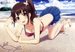  absurdres akiyama_yuki_(artist) all_fours barefoot beach bikini bikini_skirt bikini_top blush breasts brown_eyes brown_hair cleavage cloud clouds collarbone feet highres legs looking_at_viewer megami ocean official_art okita_sawa open_mouth ponytail sand sand_art short_hair skirt sky solo swimsuit tari_tari toes water 