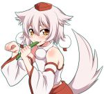  animal_ears bare_shoulders blush cucumber detached_sleeves fang hat inubashiri_momiji paw_pose short_hair silver_hair smile solo tail tokin_hat touhou uousa white_background wide_sleeves wolf_ears wolf_tail yellow_eyes 