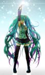  aqua_eyes aqua_hair armpits arms_up detached_sleeves hatsune_miku highres long_hair looking_at_viewer microphone ryou_(fallxalice) smile solo thigh-highs thighhighs twintails very_long_hair vocaloid zettai_ryouiki 