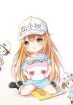  3girls :o absurdres artist_name bag bangs bare_shoulders black_footwear blue_shirt blush boots brown_eyes character_name chibi clothes_writing commentary_request eyebrows_visible_through_hair flag flat_cap hair_between_eyes hat hataraku_saibou highres holding light_brown_hair miaorh multiple_girls off_shoulder parted_lips platelet_(hataraku_saibou) shirt short_sleeves shoulder_bag sitting solid_oval_eyes wariza white_background white_hat 