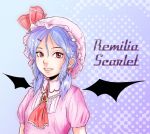  362_(mimuni) alternate_hair_length alternate_hairstyle bat_wings brooch bust character_name earrings fang hair_ornament hairpin hat jewelry long_hair pointy_ears purple_hair red_eyes remilia_scarlet smile solo touhou wings 