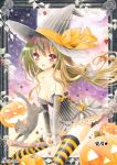  animal_ears ayuayu bow breasts broom broom_riding cat_ears cleavage copyright_request food fruit green_hair hair_bow hat jack-o&#039;-lantern jack-o'-lantern moon raspberry red_eyes sample strawberry striped striped_legwear thigh-highs thighhighs witch_hat 