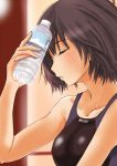  1girl amagami bare_shoulders black_hair blush bob_cut bottle bust closed_eyes competition_swimsuit drink hand_on_own_face murasaki_iro nanasaki_ai one-piece_swimsuit short_hair solo sweat swimsuit water 