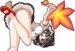  black_hair fan hat mary_janes mono_(moiky) open_mouth puffy_sleeves red_eyes shameimaru_aya shoes short_hair short_sleeves solo tokin_hat touhou upside-down 