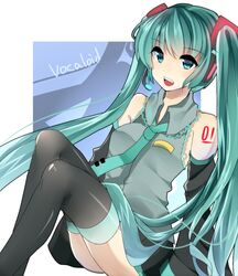  aqua_eyes aqua_hair bare_shoulders detached_sleeves hatsune_miku headset koyuri_shouyu long_hair looking_at_viewer necktie open_mouth sitting skirt smile solo thigh-highs thighhighs twintails very_long_hair vocaloid zettai_ryouiki 