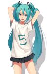  aqua_eyes aqua_hair arms_up fkey hatsune_miku highres long_hair open_mouth simple_background skirt solo twintails very_long_hair vocaloid white_background 
