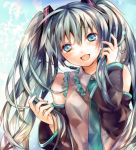  aqua_eyes aqua_hair bad_id bare_shoulders detached_sleeves hatsune_miku headset long_hair looking_at_viewer madogawa necktie open_mouth smile solo tears twintails vocaloid 