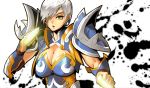  brass_knuckles breasts bust butcherboy cleavage_cutout diablo_3 hair_over_one_eye heart large_breasts monk_(diablo_3) short_hair spikes weapon white_hair 