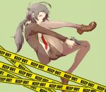  adachi_tooru ass brown_eyes brown_hair brown_legwear caution_tape formal genderswap gomaan_(twist) gun legs looking_at_viewer messy_hair necktie pantyhose persona persona_4 police_officer ponytail sesames shoes skirt smile solo suit weapon 