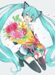  aqua_eyes aqua_hair boots bouquet detached_sleeves flower hatsune_miku headphones kneeling long_hair necktie open_mouth skirt solo spring_onion tanaka_(colorcorn) thigh_boots thighhighs twintails very_long_hair vocaloid 