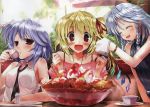  3girls :d ^_^ alternate_costume artist_name bare_shoulders blonde_hair blue_hair blush braid casual closed_eyes contemporary cup eyes_closed fang flandre_scarlet food fork hair_ribbon highres holding izayoi_sakuya multiple_girls necktie no_hat no_headwear open_mouth panties red_eyes remilia_scarlet ribbon saucer scan scarlet_(studioscr) short_hair side-tie_panties silver_hair smile sweatdrop teacup touhou twin_braids underwear 