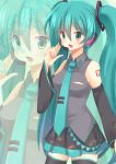  bad_id detached_sleeves green_eyes green_hair hatsune_miku headset highres long_hair necktie open_mouth rento_(rukeai) skirt solo thigh-highs thighhighs twintails very_long_hair vocaloid zoom_layer 