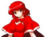  alphes_(style) cape capelet long_sleeves mono_(moiky) okazaki_yumemi parody red_eyes red_hair redhead short_hair smile solo style_parody touhou touhou_(pc-98) 