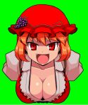  aki_minoriko alternate_hair_color breasts bust cleavage collarbone fang fangs food fruit grapes green_background hat large_breasts mono_(moiky) open_mouth orange_hair puffy_sleeves red_eyes short_hair slit_pupils solo teasing touhou 