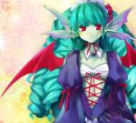  blush detached_collar flower frills gothic_lolita green_hair green_skin hair_ornament hairband kyousaku leviathan_(mygrimoire) lolita_fashion long_hair monster_girl mygrimoire original red_eyes ribbon solo very_long_hair wings 