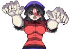  black_eyes black_hair breasts chinese_clothes fingernails hat miyako_yoshika mono_(moiky) open_mouth outstretched_arms sharp_fingernails short_sleeves solo star touhou zombie_pose 