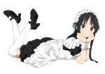  akiyama_mio alternate_hairstyle black_eyes black_hair blush breasts face highres hime_cut k-on! long_hair looking_at_viewer lying maid maid_headdress on_stomach puffy_sleeves ragho_no_erika simple_background smile solo thigh-highs thighhighs 