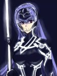  1girl bodysuit breasts crossover drawfag helmet long_hair neon_trim polearm purple_eyes purple_hair rance_(series) sengoku_rance senhime solo spear tron tron:_legacy violet_eyes weapon 