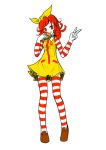  :t eating food genderswap hamburger joey_(lilinjunyi) long_sleeves mcdonald's red_eyes red_hair redhead ronald_mcdonald short_hair solo standing v white_background 