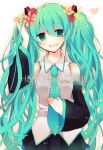  aqua_eyes aqua_hair bad_id bare_shoulders dated detached_sleeves flower hair_flower hair_ornament happy_birthday hatsune_miku heart long_hair looking_at_viewer necktie november-eri open_mouth simple_background skirt smile solo twintails very_long_hair vocaloid 