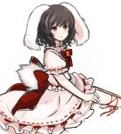  black_hair blush bow brooch bunny_tail inaba_tewi inazakura00 jewelry red_eyes short_hair simple_background sitting solo tail touhou white_background 