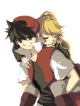  1girl baseball_cap black_hair blonde_hair carrying couple hat long_hair pokemon pokemon_special ponytail red_(pokemon) red_eyes short_hair simple_background sleeping smile yellow_(pokemon) yui_ko 