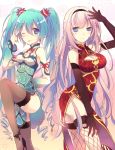 ;p aqua_eyes aqua_hair china_dress chinese_clothes elbow_gloves fishnet_legwear fishnets gloves hatsune_miku jonejung long_hair looking_at_viewer megurine_luka multiple_girls pink_hair project_diva project_diva_f smile thigh-highs thighhighs tongue twintails very_long_hair vocaloid wink world's_end_dancehall_(vocaloid) 
