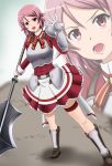  armor battle_axe battleaxe boots commentary_request fuuma_nagi gauntlets highres lisbeth open_mouth pink_hair polearm red_eyes short_hair sword_art_online weapon zoom_layer 