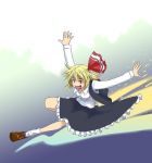  blonde_hair fang hair_ribbon long_sleeves noein_(artist) open_mouth outstretched_arms red_eyes ribbon rumia short_hair solo touhou umeboshi_(lazy_lazy) vest 