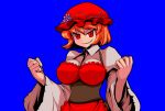  aki_minoriko alternate_hair_color blue_background breasts food fruit grapes hat large_breasts long_sleeves mono_(moiky) orange_hair red_eyes slit_pupils sneer solo touhou wide_sleeves 