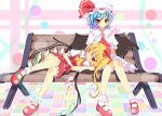  bench blonde_hair blue_hair blush bow fang flandre_scarlet hand_on_head hat lap_pillow legs long_hair lying mary_janes multiple_girls no_hat no_headwear on_side ponytail red_eyes remilia_scarlet ribbons shoes short_hair siblings side_ponytail sisters smile socks touhou vampire white_legwear wings wink yuimari 