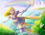  1girl alternate_costume armor blonde_hair blue_eyes breasts carrot cherryxoa circlet cleavage collar flying gloves league_of_legends long_hair luxanna_crownguard midriff open_mouth rainbow signature smile teemo thigh-highs thighhighs wand white_gloves 