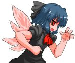  alternate_color alternate_eye_color black_sclera blue_hair bow cirno fang hair_bow ice ice_wings mono_(moiky) open_mouth puffy_sleeves red_eyes short_sleeves solo touhou wings 