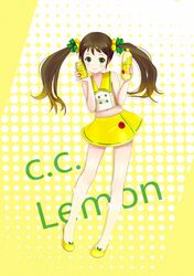  bottle brown_hair c.c._lemon c.c._lemon_(character) can character_name green_eyes hair_ornament midriff navel pigeon-toed polka_dot polka_dot_background skirt smile solo tera_(teraura) twintails white_legwear 