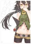  bike_shorts black_hair cover cover_page long_hair mound_of_venus navel nike_(smaaaash) original shenwu_(nike) short_shorts shorts single_elbow_glove single_glove solo vertical_stripes yellow_eyes 