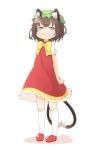  :t animal_ears brown_eyes brown_hair cat_ears cat_tail chen child hat multiple_tails nakashino_setsu pout short_hair simple_background solo standing tail touhou white_background 