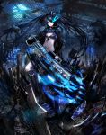  black_hair black_rock_shooter black_rock_shooter_(character) blue_eyes boots cannon flame full_moon glowing glowing_eyes glowing_weapon highres hoodie jname long_hair moon pale_skin solo star twintails weapon zipper 