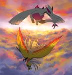  alternate_color bird cloud clouds creature dark flying ho-oh kikken lugia no_humans pokemon pokemon_(creature) shiny_pokemon sky sunset 