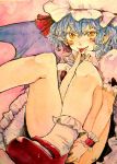 1girl bat_wings blue_hair blush dress fang finger_to_mouth looking_at_viewer mary_janes meiji_(charisma_serve) pointy_ears remilia_scarlet shoes short_hair short_sleeves smile solo tongue tongue_out touhou wings wrist_cuffs yellow_eyes 