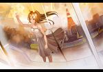  arm_up bare_shoulders blonde_hair cityscape cloud clouds dress letterboxed long_hair neyagi original red_sky skirt skirt_lift sky solo standing sundress sunset tokyo_tower train wind window yellow_eyes 