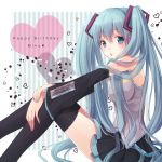  :o aqua_eyes aqua_hair bare_shoulders black_legwear blue_eyes character_name detached_sleeves happy_birthday hatsune_miku heart long_hair looking_at_viewer necktie nunucco open_mouth sitting skirt solo thigh-highs thighhighs twintails very_long_hair vocaloid 
