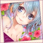  bare_shoulders blue_eyes blue_hair border breasts cleavage dated face flower hair_ornament hairclip happy_birthday hatsune_miku headphones hibiscus lips looking_at_viewer rojiko smile solo vocaloid 