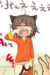  ahoge animal_ears brown_hair cat_ears cat_tail chen chinese_clothes closed_eyes crying earrings eyes_closed hamahara_yoshio hamasan hands jewelry long_sleeves multiple_tails open_mouth panties solo standing tail tears touhou underwear 
