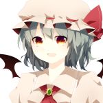  ascot bat_wings collar hanaon hat hat_ribbon heart heart-shaped_pupils looking_at_viewer open_mouth portrait red_eyes remilia_scarlet ribbon short_hair smile solo symbol-shaped_pupils touhou transparent_background wings 