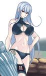  bare_shoulders bikini breasts cleavage cleavage_cutout halter_top halterneck hand_on_hip huge_breasts kimuchi lance long_hair looking_at_viewer navel polearm red_eyes selvaria_bles senjou_no_valkyria senjou_no_valkyria_1 side-tie_bikini silver_hair solo sweat swimsuit underboob very_long_hair weapon 